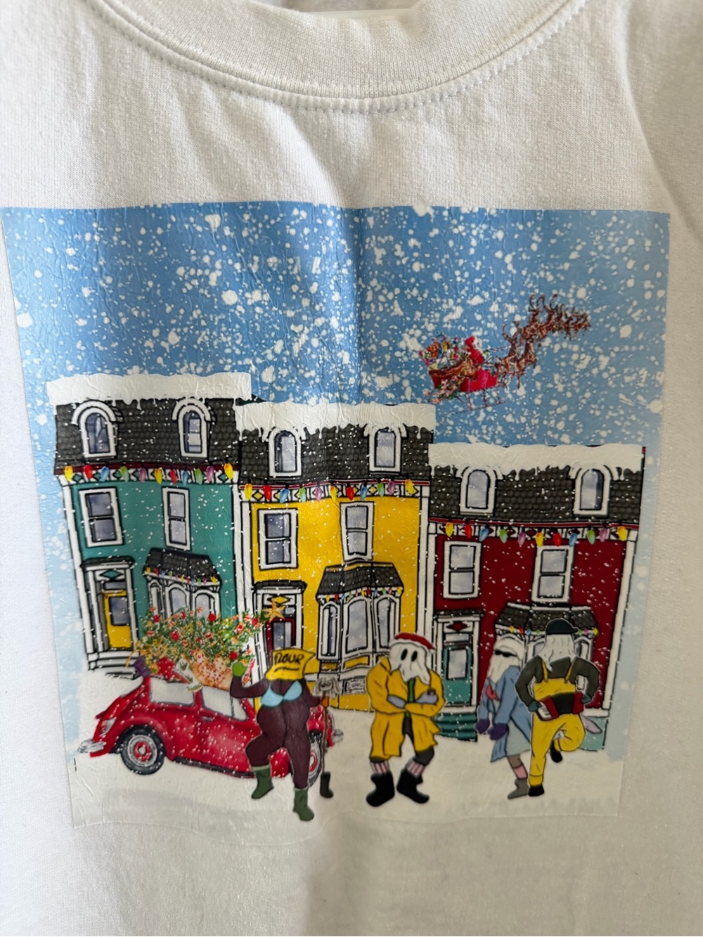 🥭2 for $9 Gildan White Crewneck Sweatshirt with Colorful Holiday Street Graphic - Picture 2 of 6